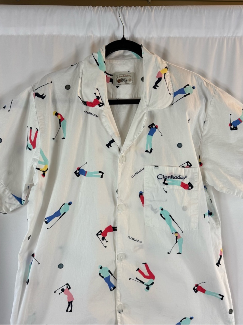 Clonhadas Men’s White Short-Sleeve Golf Print Shirt, Pijamas Size: M 100% cotton - Picture 3 of 13